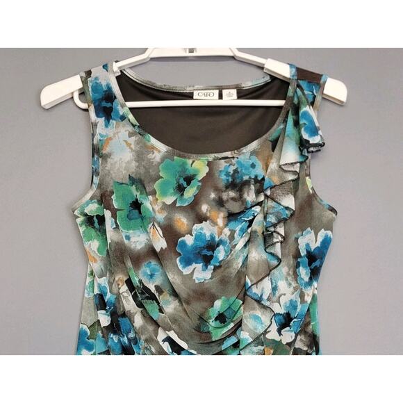 Cato Tank Top Blouse Womens Medium Blue Brown Lined Floral Ruffle Sleeveless - Picture 3 of 11